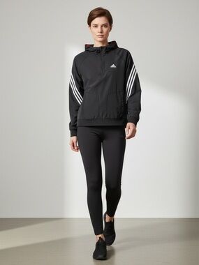 Adidas Black White Windbreaker Running Jacket Gym Active Hood 1/4 Zip Small